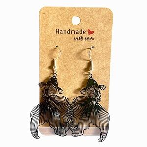 Handmade 925 Black Hook Earrings (Hypoallergenic), w/ Koi Fish (Shiny Black)